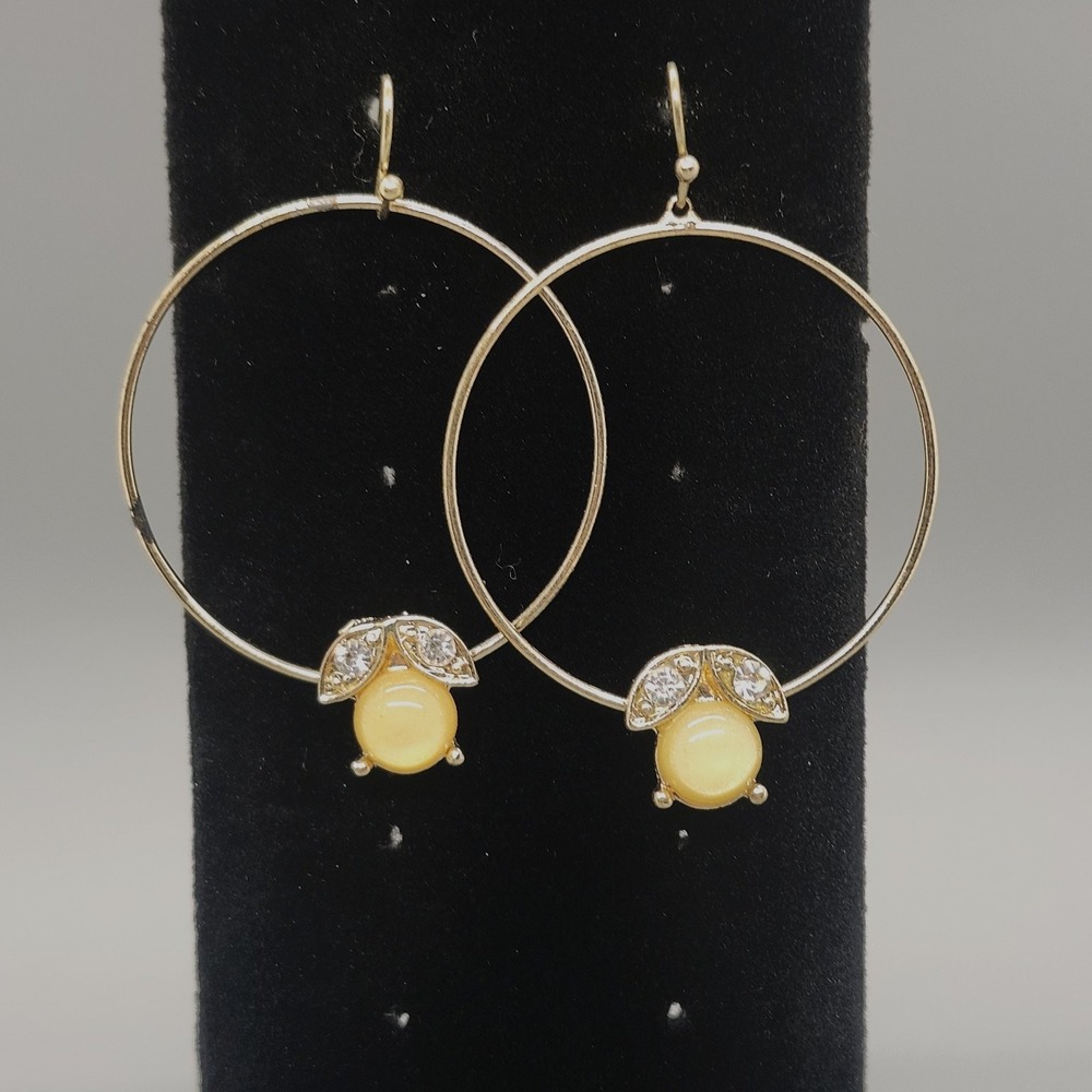 Gold Tone Hoop Dangle Earrings 2.5" Yellow Cabochon Rhinestone Ladybug